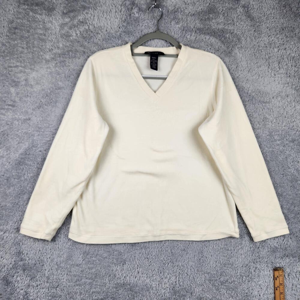 Vintage Denim & Co Shirt Womens Small White Preppy Velour Long Sleeve Top Y2k